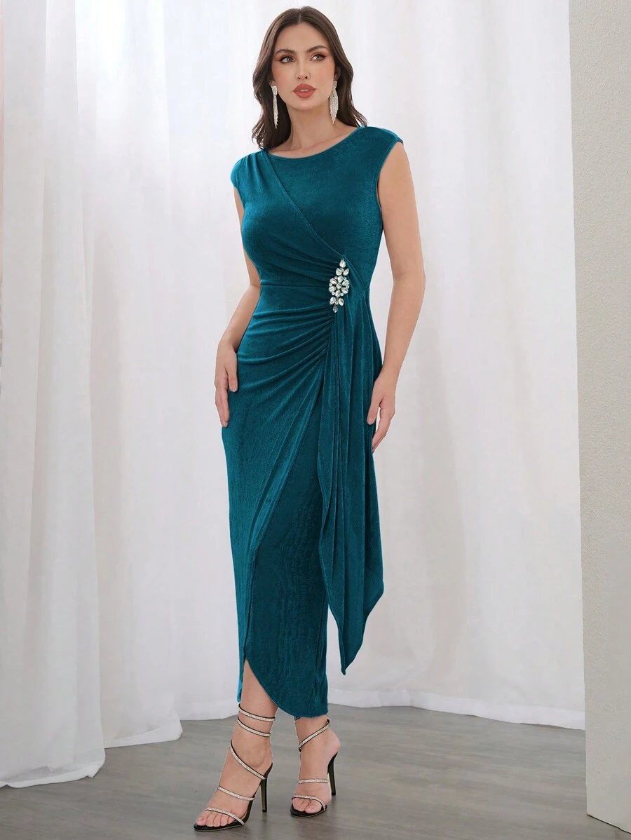 Modelyn Vestido elegante y ajustado de cuello redondo, sin mangas, con pliegues en la cintura, para vestidos de noche largos de mujer - Agua verde azul - Ver 1
