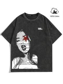 GENIUS ODE 男士休闲口号和人物图案印花圆领短袖 T 恤，夏季，送给朋友 - 黑色 - 查看 2