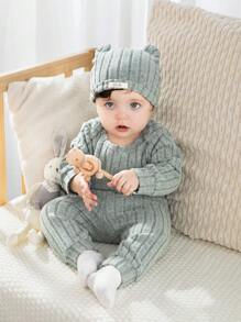 SHEIN 3pcs/Set Newborn Infant Unisex Casual All-Match Long Sleeve Bodysuit, Pants And Hat Outfit, Suitable For Everyday Wear In Autumn/Winter - Green - View 6