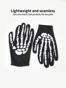 Skeleton Lace Gloves, Bone Pattern Gloves, Gothic Style Costume Props For Halloween - Black and White - View 3