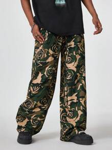 Manfinity RebelGame 男式数码印花宽松直筒梭织长裤 - 軍綠色 - 查看 1