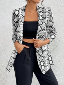 SHEIN Essnce 女士春夏休闲蛇皮图案翻领西装外套 - 黑與白 - 查看 1