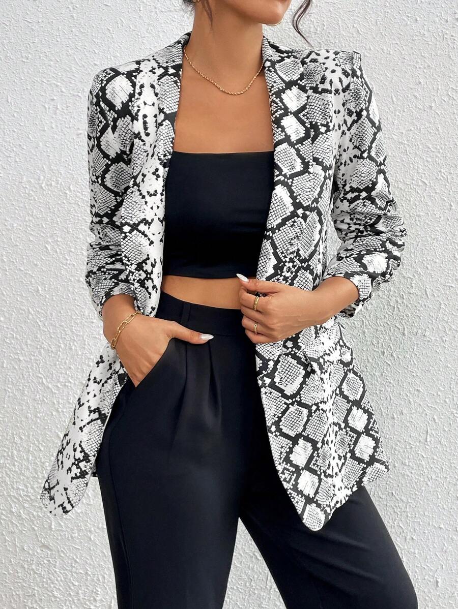 SHEIN Essnce 女士春夏休闲蛇皮图案翻领西装外套 - 黑與白 - 查看 1