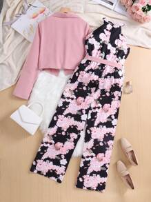 SHEIN 2 件套青少年女孩秋季粉色缺口领不对称下摆长袖夹克和宽松花卉印花连体裤优雅休闲/工作装 - 粉色 - 查看 2
