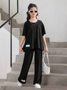 SHEIN Tween Girl Loose Knitted Decor Loose A-Line Short Sleeve T-Shirt And Wide Leg Pants 2-Piece Set - Black - View 5