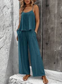 SHEIN LUNE 2 件套女士夏季亚麻皱褶吊带背心和裤子休闲套装 - 藍色 - 查看 4