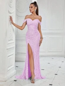 ADYCE Đầm maxi trơn màu, đính sequin, hở vai, xẻ lưng, có thắt lưng, thích hợp cho tiệc prom hoặc đi học. - Màu tím hoa cà - Xem 1