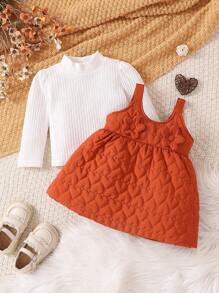 2 piezas/Conjunto Vestido de tirantes con decoración de corazón y floral para bebé niña, y cuello alto acanalado de manga larga, un conjunto de ropa cómodo y de moda para otoño e invierno - Café integral - Ver 3