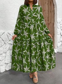 Breezaya 加大码前扣长袖褶饰印花宽松长连衣裙 - 墨綠色 - 查看 1