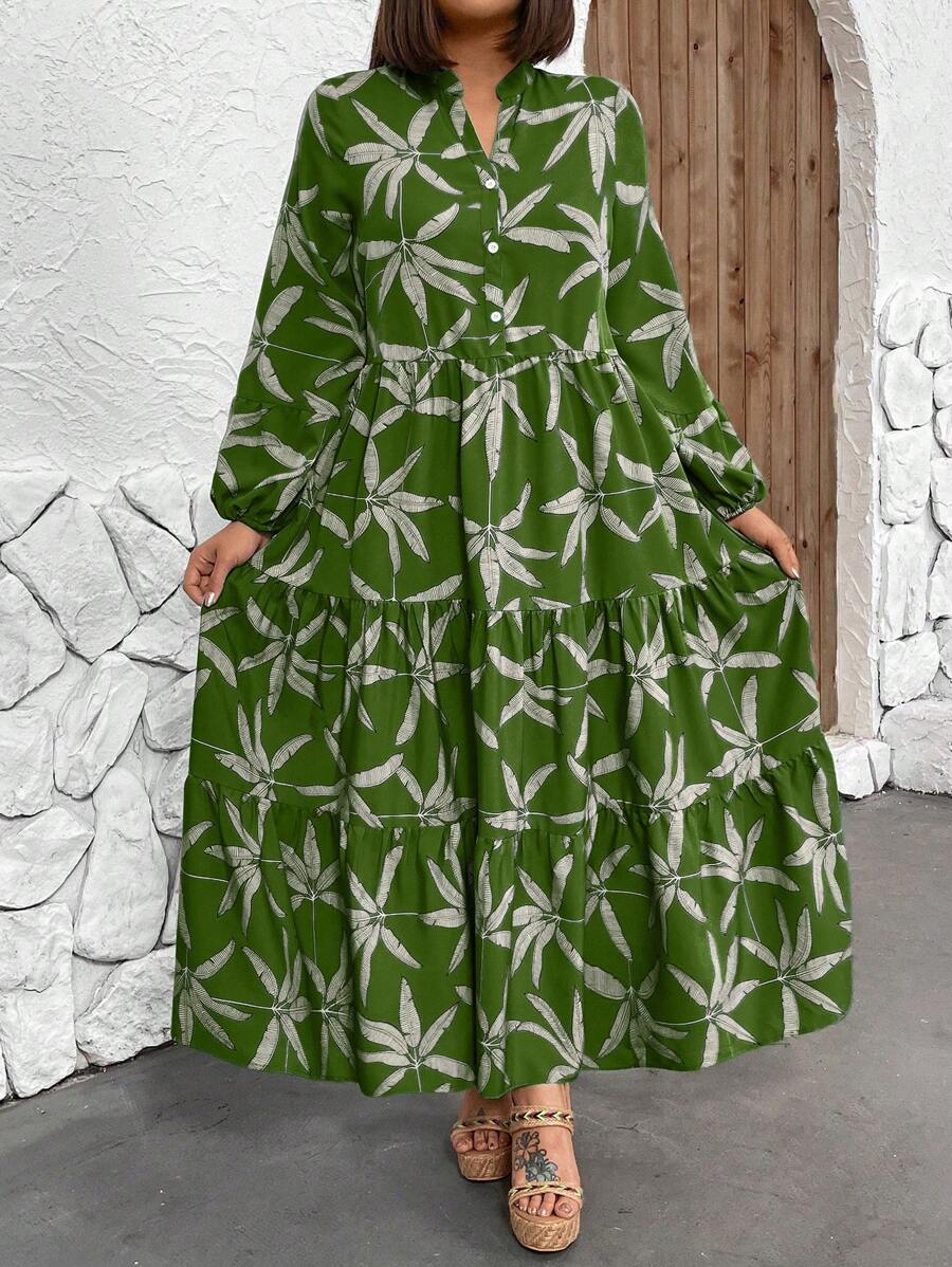 Breezaya 加大码前扣长袖褶饰印花宽松长连衣裙 - 墨綠色 - 查看 1