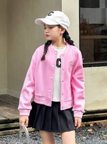 SHEIN Tween Girl Collegiate Style Casual Sports Colorblock Flat Knit Letter Grafisch Kort Roze Jasje Buitenkleding