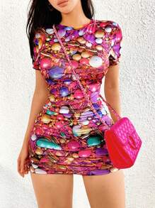 VaVaBold Summer Women's Printed Short Sleeve Round Neck Dress - Red - View 1