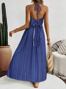 Breezaya Women's Summer Vacation Striped Backless Halter Dress - Royal Blue - View 2
