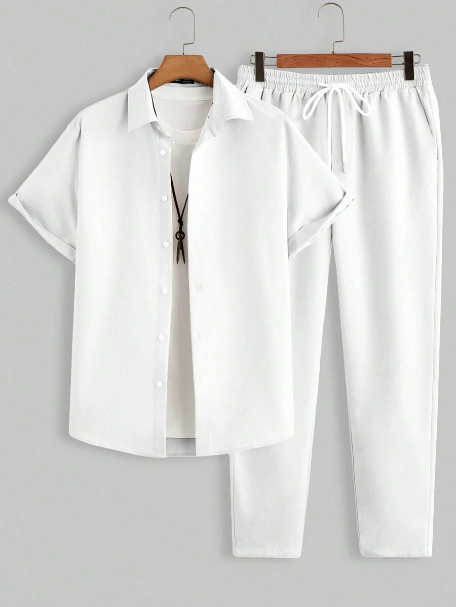 Manfinity Homme Bộ 2 áo sơ mi dệt tay ngắn màu trơn và quần ống rộng có dây rút cho nam, mùa hè - trắng - Xem 1