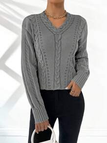 Chiquease Áo len nữ dáng suông màu trơn, vai rớt, thích hợp cho mùa xuân thu, áo len chui đầu màu xám, áo len dệt kim mùa thu đông. - Xám - Xem 4