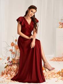 SHEIN Belle Vải satin đỏ tía thanh lịch và lãng mạn Cổ áo hình trái tim Xếp chồng Nếp gấp Trang trí thắt lưng Tay áo xếp nếp Xếp chồng Khe xẻ Viền chữ A Thích hợp cho các dịp cưới Váy phù dâu trang trọng - Màu Đỏ Sâu - Xem 4