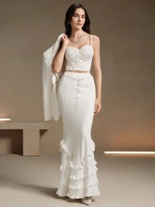 Anewsta 黑色蕾丝珠饰亮片短款紧身胸衣上衣