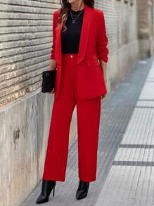 SHEIN LUNE Women Clothing Sets, Fall Shawl Collar Ruched Sleeve Blazer &Suit Pants ,Angela Red Elegant Woman Clothing