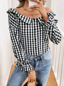 SHEIN Essnce 女士秋季衬衫 翻领 正面纽扣 方格布 长袖 休闲衬衫 纽扣衬衫 - 黑與白 - 查看 3