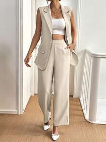 SHEIN Essnce Women's Summer,Fall Clothes,  Office Wear Women Set  Summer New Old Money Style ,Fashionable Casual Commuting Vacation Work Office Wear Business Casual Pride Outfits  Solid Color Single-Breasted Sleeveless Blazer And Long Pants, Fall Elegant Suit Se - Apricot - View 1