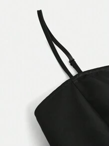 SHEIN Girlism 少女编织纯色缎面露背可拆卸蝴蝶结肩带休闲背心裙 - 黑色 - 查看 3