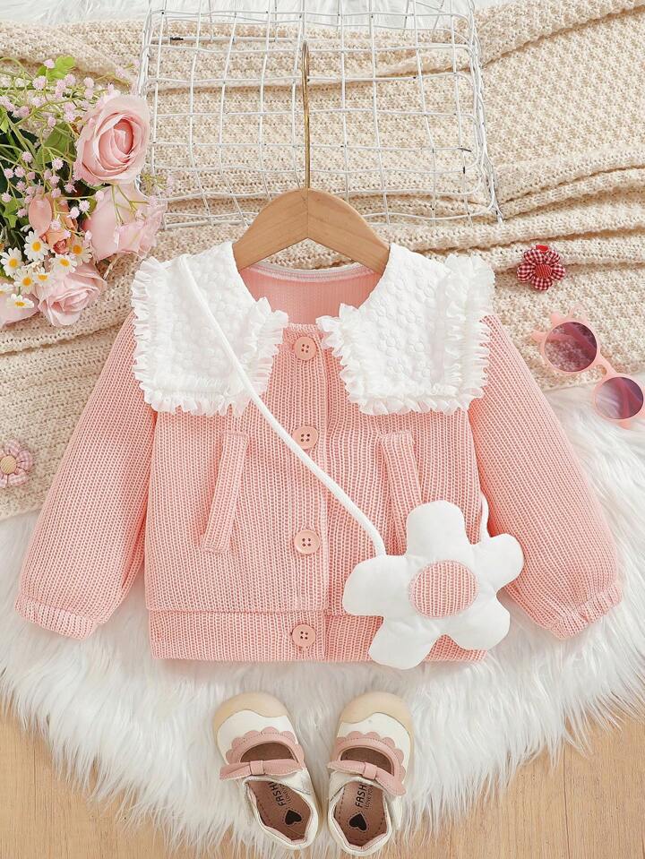 SHEIN Vintaside Kids Baby Girls Jacquard Collared Jacquard Bomber Jacket With Handbag Spring Autumn