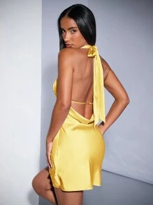 SHEIN BAE 裸粉色和浅粉色纯色深 V 露背垂坠桃色连衣裙，露背系带缎面迷你连衣裙，适合夏季返校节、音乐节、毕业典礼、婚礼宾客 - 黃色 - 查看 8