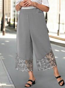 EMERY ROSE 大码撞色蕾丝拼布阔腿休闲裤