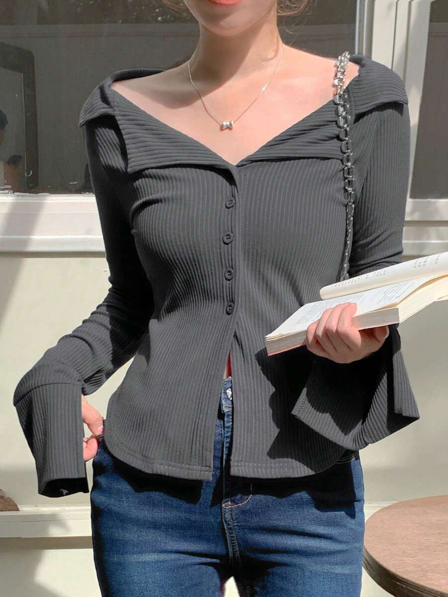 DAZY Women's Casual Solid Color Bell Sleeve Button Front T-Shirt, Spring & Autumn - Grey - View 1