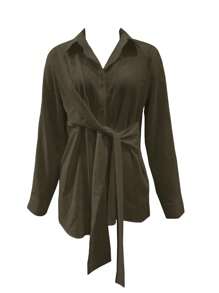 INAWLY Áo sơ mi nữ tay dài hở lưng thanh lịch cỡ lớn thắt eo - xanh quân đội - Xem 4