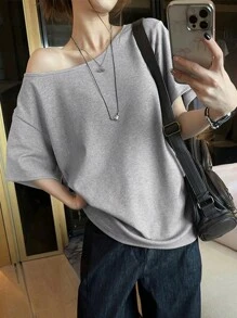 INAWLY Women's Asymmetrical Neck Short Sleeve Solid Color Minimalist Elegant T-Shirt