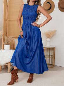 SHEIN VCAY Women Crew Neck Sleeveless Pleated Elegant Fashion Graceful Dress,Fall Women Outfits,Fall Women Clothes Dress,Woman Jeans Dresses