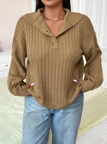 Flirla Plus Size Simple Solid Color Half Button Long Sleeve Sweater Knit Pullover Fall Winter - Khaki - View 5