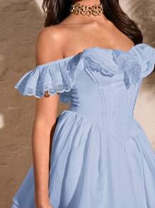 SHEIN BAE Váy bồng bềnh ren hở vai gợi cảm ngọt ngào tay áo màu trơn xếp nếp viền ngực viền ren nguyên chất cho nữ - Màu xanh nhạt - Xem 7