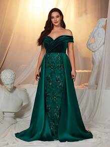 Glamrae Plus Size Emerald Green Luxury Sequin Satin Fishtail Maxi Evening Emerald Dress Formal Ball Gown, Elegant Prom Dress, For Wedding Guest, Graduation, Dinner Party Dress - Dark Green - View 6