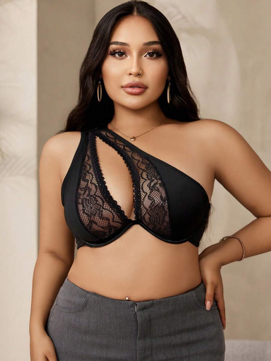 Snug Zone Plus Size Solid Color Contrast Lace Hollow Out Wireless Bra Lingerie - Black - View 1