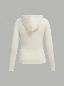 SHEIN Áo khoác có mũ trùm đầu dệt kim màu trơn đơn giản dành cho nữ tuổi teen, mùa xuân và mùa thu - trắng - Xem 2