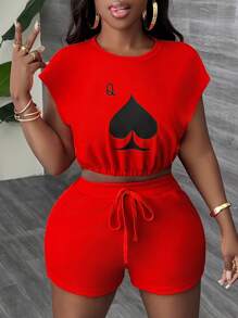 Slaydiva Women's Crew Neck Short Sleeve Graphic Printed T-Shirt And Drawstring Pocket Shorts Set - Red - View 5