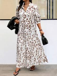 EMERY ROSE 随机印花加大码全印花正面纽扣休闲长袖连衣裙超长款女装