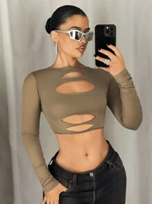 SHEIN ICON T-shirt à manches longues basique avec découpe à l'avant