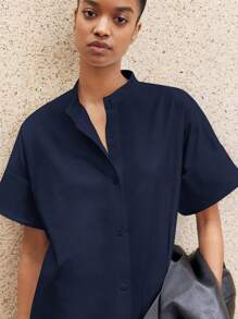 BizChic 女士休闲纯白色不透明立领纽扣前开襟衬衫裙，宽松纯棉，简约风格，适合日常休闲、通勤、商务休闲、办公室穿着 - 藏蓝色 - 查看 6