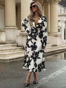 Aveloria Modichic Elegant Retro Sketch Monochrome Watercolor Random Print Modest Design Pleated Hem Straight Long Sleeve Dress For Women - Black and White - View 1