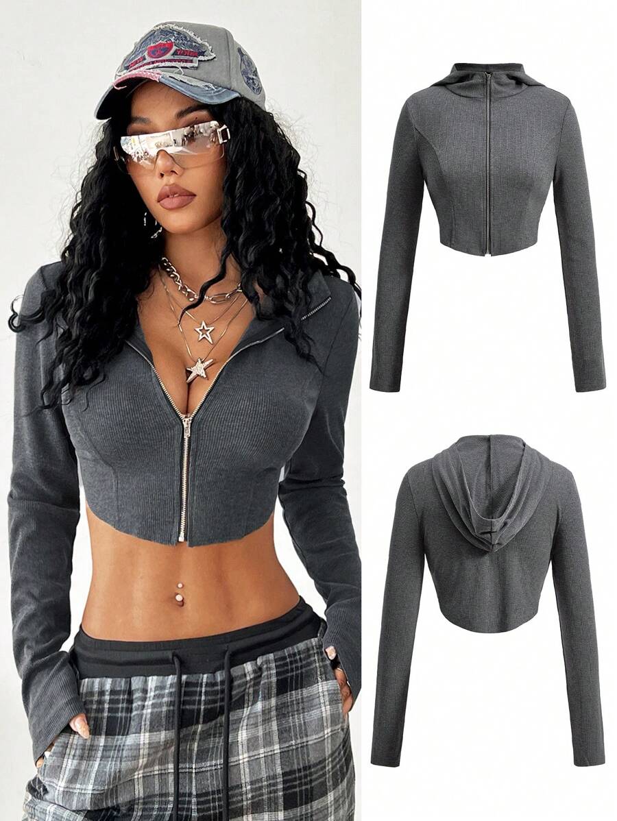 SHEIN EZwear Spring/Summer Personalized Tight-Fitting Hoodie With Curved Loose Hem, Princess Seams, And Fashionable Design - Dark Grey - View 1
