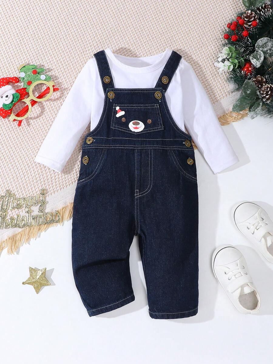 Peto vaquero cómodo y holgado con estampado de oso vintage en azul marino oscuro para bebés niños, para Navidad - Azul lavado oscuro - Ver 1