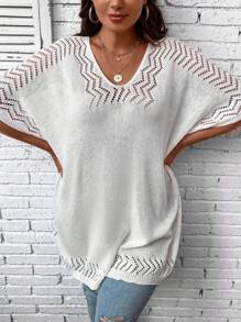 SHEIN Swim Curve 大码纯色 V 领短袖镂空罩衫，休闲日常夏季服装 - 白色 - 查看 1