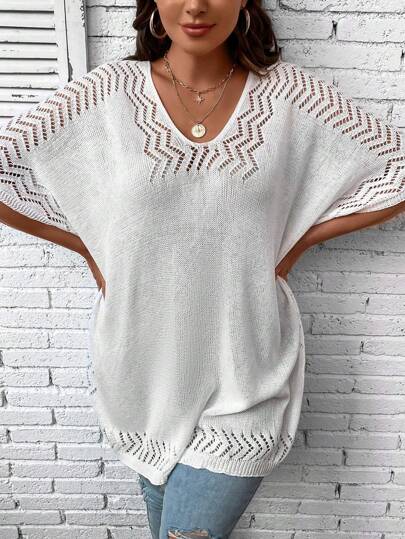 SHEIN Swim Curve 大码纯色 V 领短袖镂空罩衫，休闲日常夏季服装