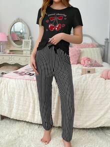 女士圆领樱桃和字母印花短袖上衣和条纹印花裤睡衣套装 - 彩色 - 查看 3