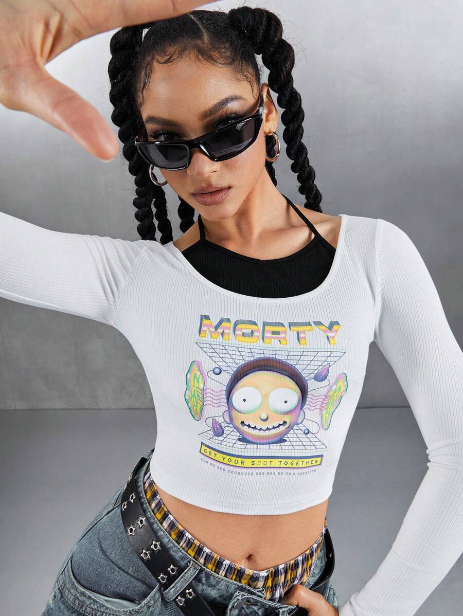 Rick and Morty X SHEIN Women's Cartoon Character & Slogan Print 2 In 1 Fitted Cropped T-Shirt, Graphic Tee - White - View 1