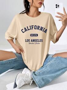 SHEIN EZwear تيشرت قصير الأكمام بياقة مستديرة مع طباعة إنجليزية كبيرة ، تيشرت مريح فضفاض مناسب للنساء للصيف - لون مشمشي - مشاهدة 6