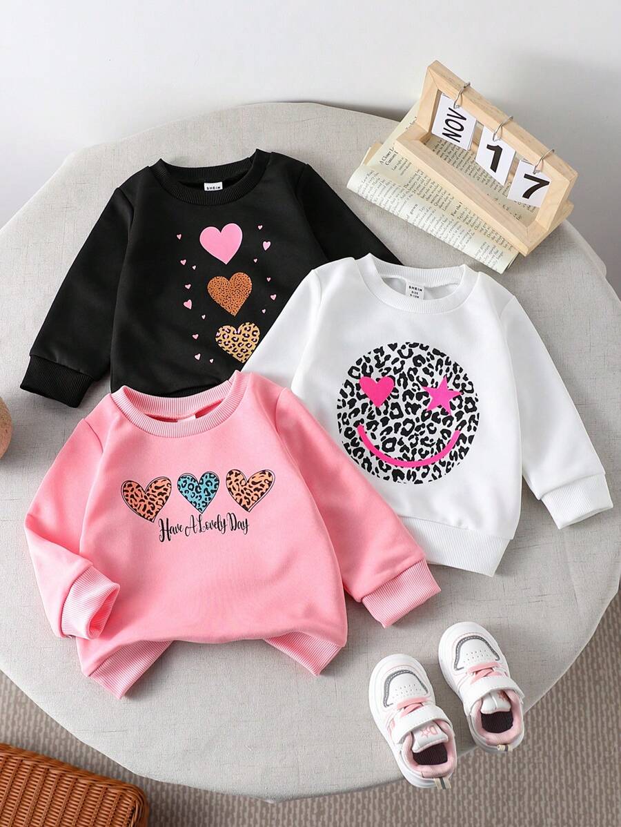 SHEIN 3 件套女婴可爱笑脸印花运动衫套装，秋冬 - 彩色 - 查看 1